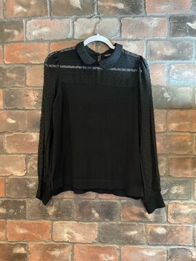 Adrianna Papell Black Sheer Dot Sleeve Peter Pan Collar Blouse